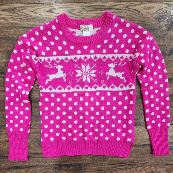 SO Junior's Pink Crew Neck Winter Reindeer Polka Dot Pullover Sweater Medium M - Picture 2 of 8